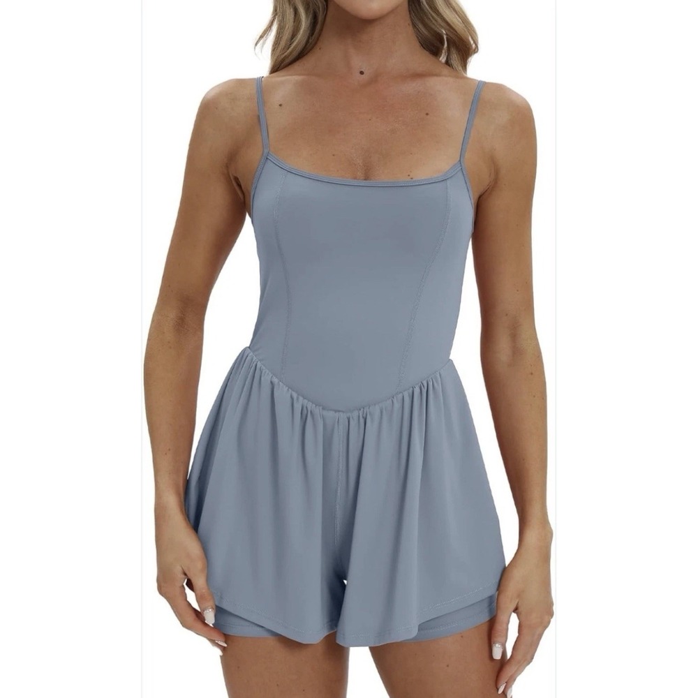 Ekouaer Women's Blue Sleeveless Athletic Lined Shorts Romper Size Small NWT